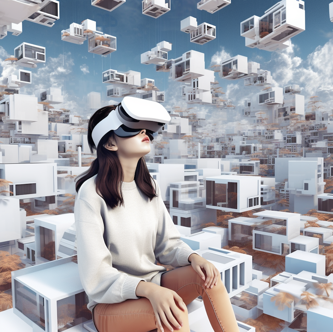 Abstract image of young woman wearing virtual reality headset.